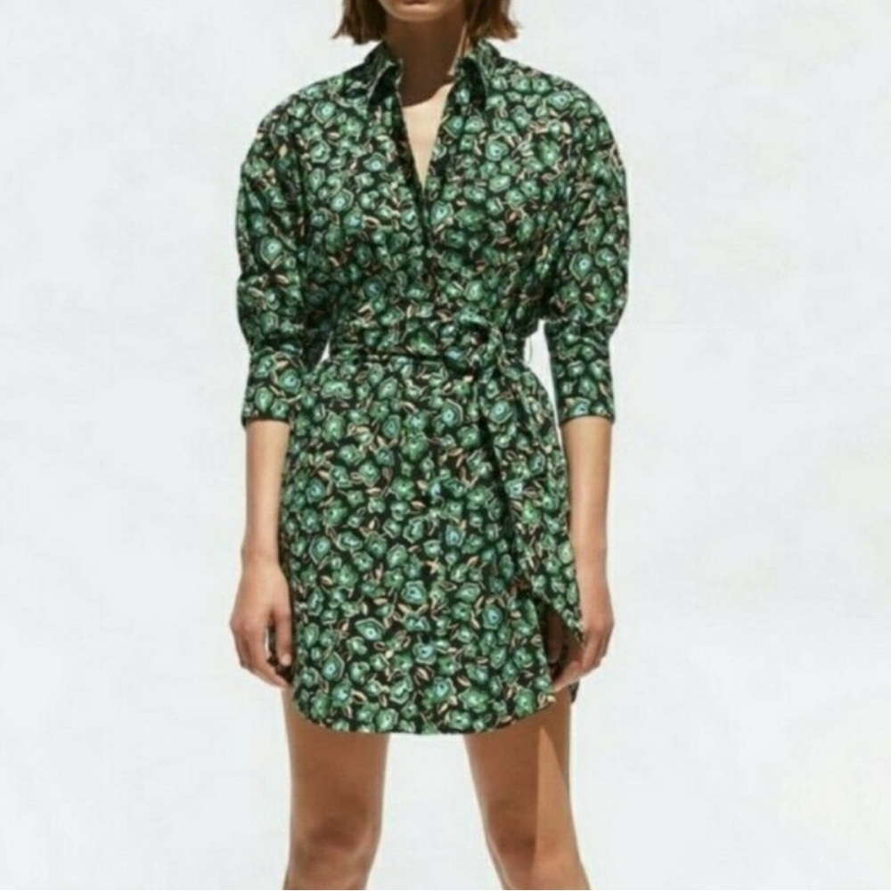 Zara Floral Green Belted Dress